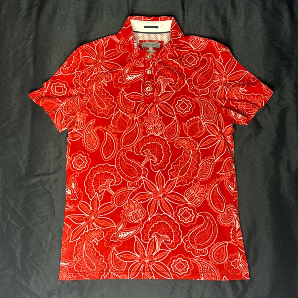Ted Baker red paisley pattern print polo shirt regular fit size 2 (Small)